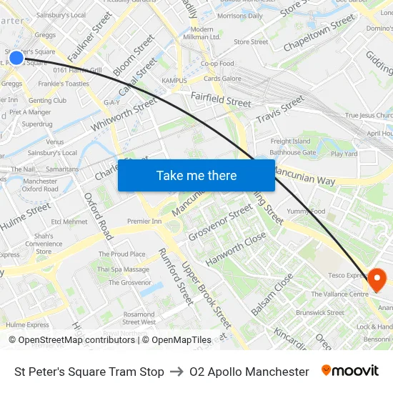 St Peter's Square Tram Stop to O2 Apollo Manchester map