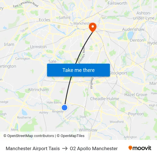 Manchester Airport Taxis to O2 Apollo Manchester map