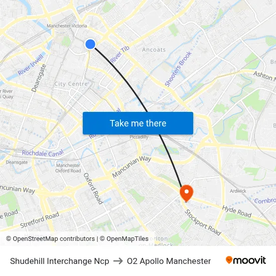 Shudehill Interchange Ncp to O2 Apollo Manchester map