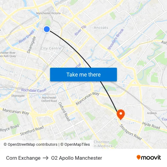 Corn Exchange to O2 Apollo Manchester map