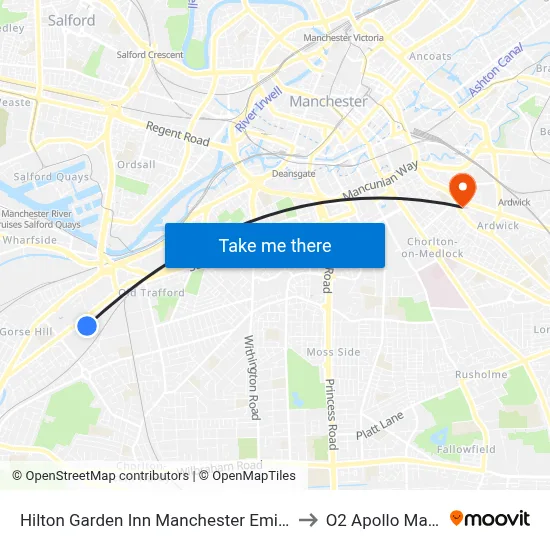 Hilton Garden Inn Manchester Emirates Old Trafford to O2 Apollo Manchester map