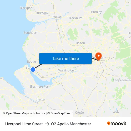 Liverpool Lime Street to O2 Apollo Manchester map