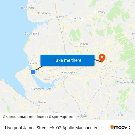 Liverpool James Street to O2 Apollo Manchester map