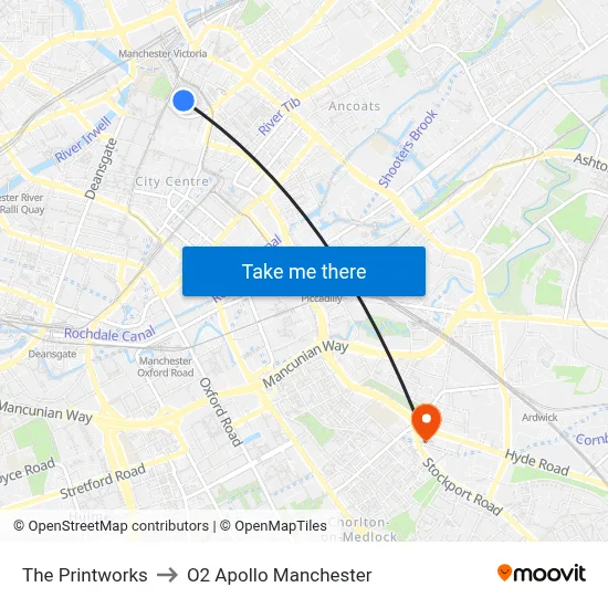 The Printworks to O2 Apollo Manchester map