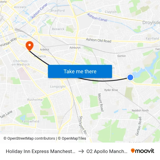 Holiday Inn Express Manchester East to O2 Apollo Manchester map