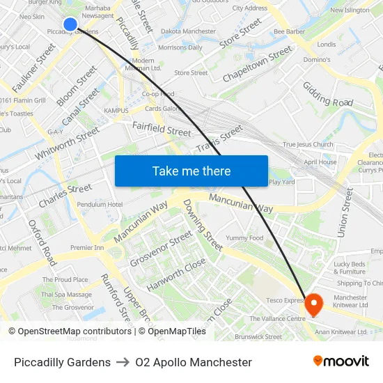 Piccadilly Gardens to O2 Apollo Manchester map