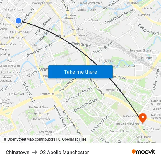 Chinatown to O2 Apollo Manchester map