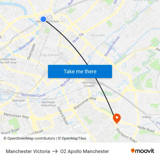 Manchester Victoria to O2 Apollo Manchester map