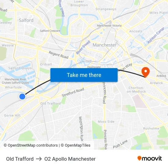 Old Trafford to O2 Apollo Manchester map