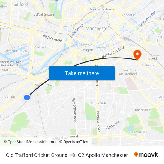 Old Trafford Cricket Ground to O2 Apollo Manchester map