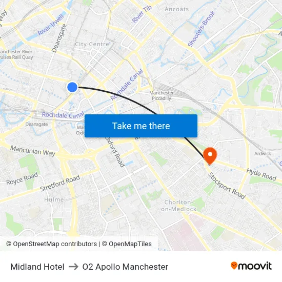 Midland Hotel to O2 Apollo Manchester map