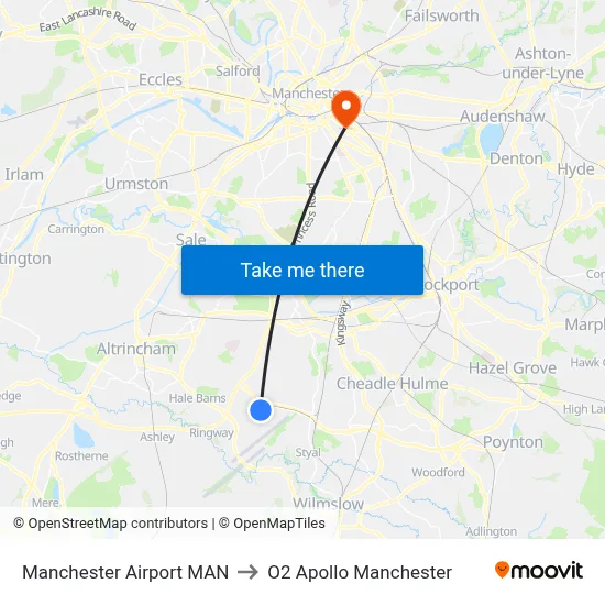 Manchester Airport MAN to O2 Apollo Manchester map