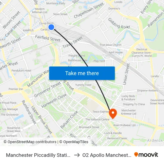 Manchester Piccadilly Station to O2 Apollo Manchester map
