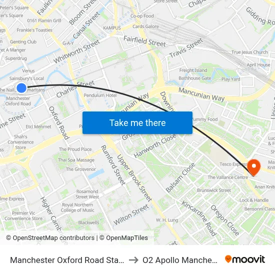 Manchester Oxford Road Station to O2 Apollo Manchester map