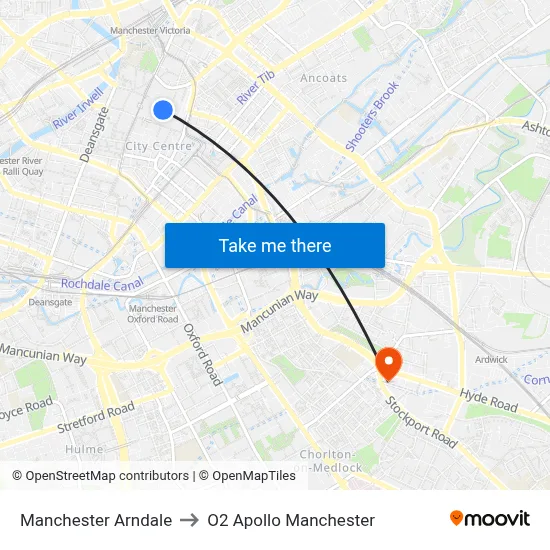 Manchester Arndale to O2 Apollo Manchester map