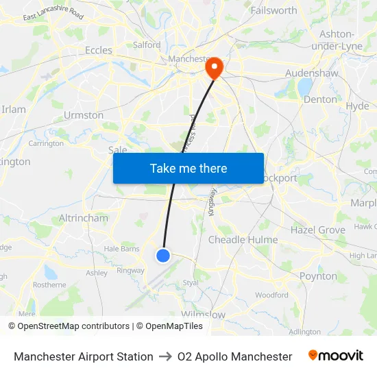 Manchester Airport Station to O2 Apollo Manchester map