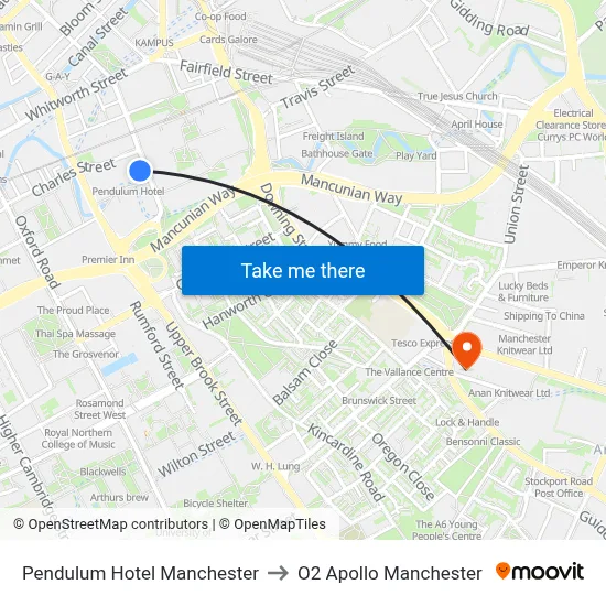Pendulum Hotel Manchester to O2 Apollo Manchester map