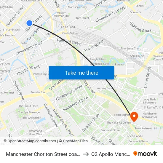 Manchester Chorlton Street coach Station to O2 Apollo Manchester map