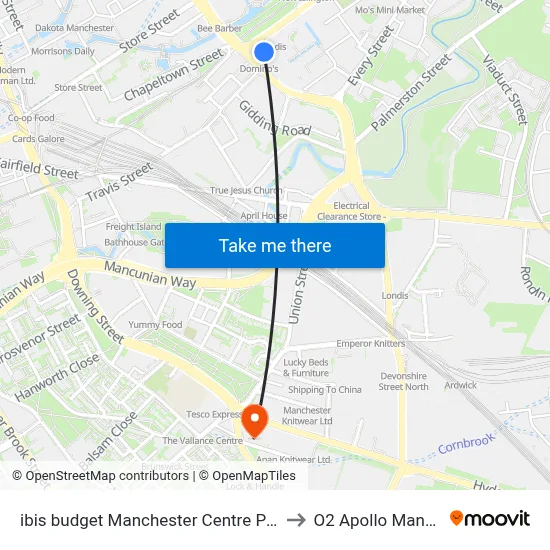 ibis budget Manchester Centre Pollard Street to O2 Apollo Manchester map
