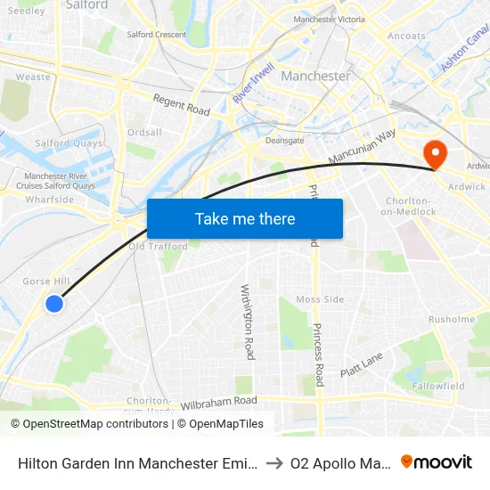 Hilton Garden Inn Manchester Emirates Old Trafford, Talbot Road Stretford Manchester M32 0YW to O2 Apollo Manchester map