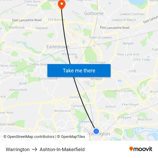 Warrington to Ashton-In-Makerfield map