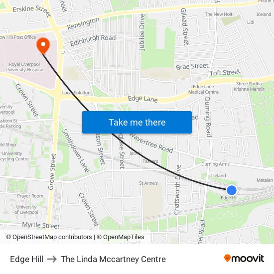 Edge Hill to The Linda Mccartney Centre map