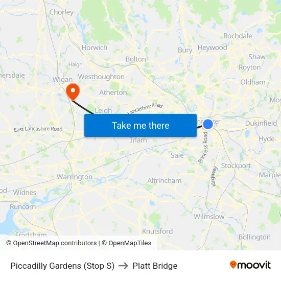 Piccadilly Gardens to Platt Bridge map