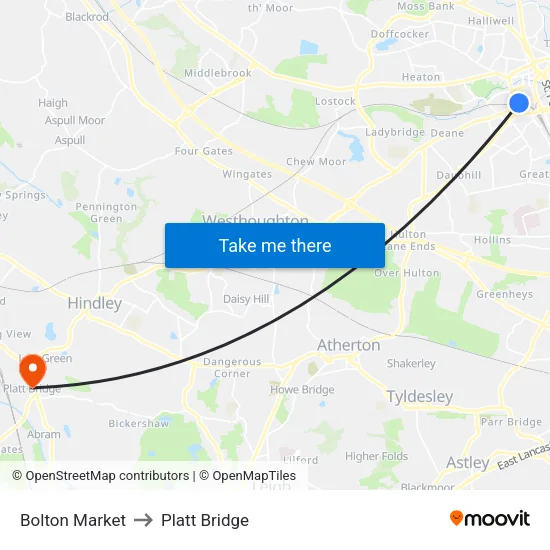 Bolton Market to Platt Bridge map