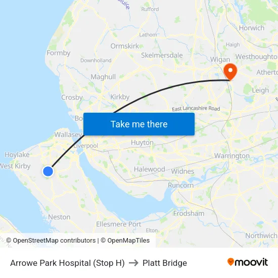 Arrowe Park Hospital to Platt Bridge map
