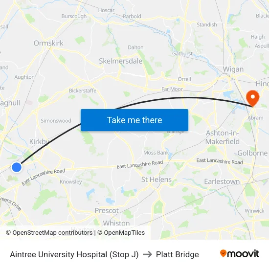 Aintree University Hospital to Platt Bridge map