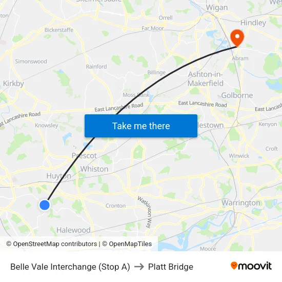 Belle Vale Interchange to Platt Bridge map