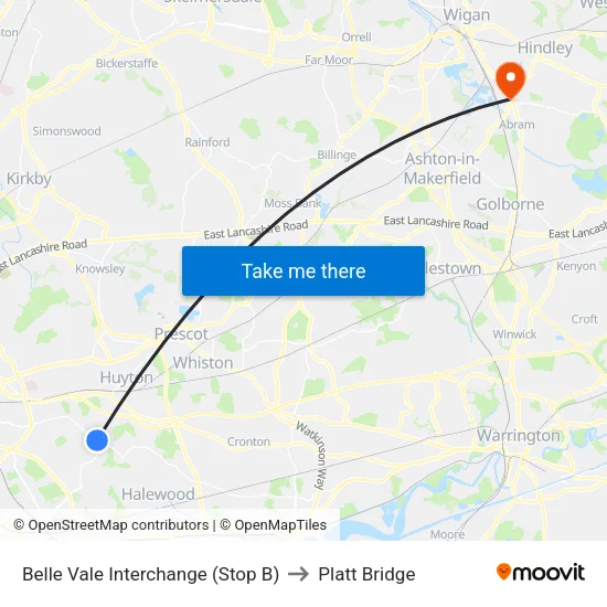 Belle Vale Interchange to Platt Bridge map