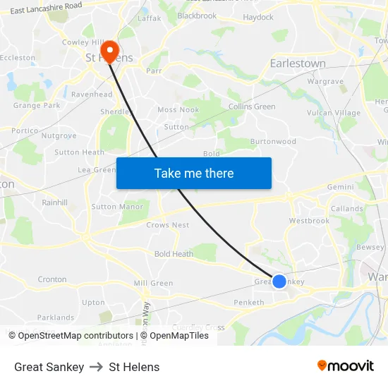 Great Sankey to St Helens map