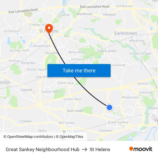 Great Sankey Neighbourhood Hub to St Helens map