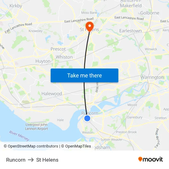 Runcorn to St Helens map