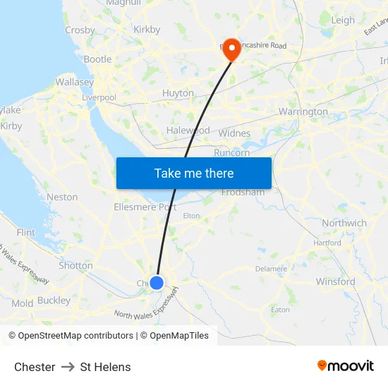 Chester to St Helens map