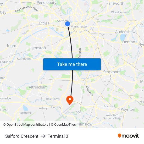 Salford Crescent to Terminal 3 map