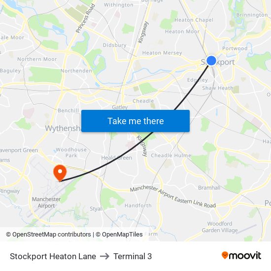 Stockport Heaton Lane to Terminal 3 map