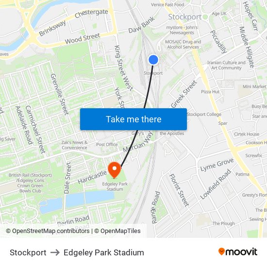 Stockport to Edgeley Park Stadium map