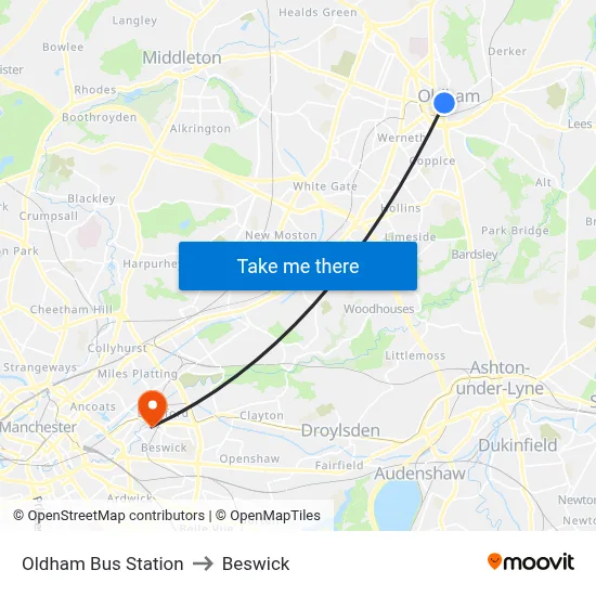Oldham Bus Station to Beswick map
