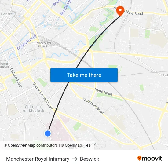 Manchester Royal Infirmary to Beswick map