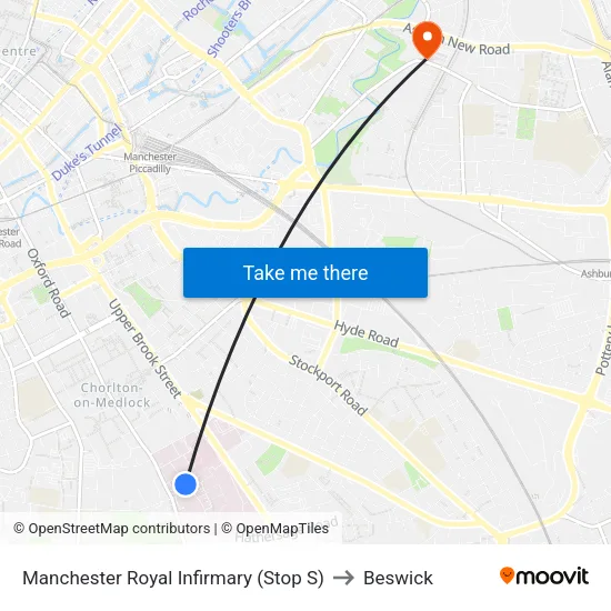 Manchester Royal Infirmary to Beswick map