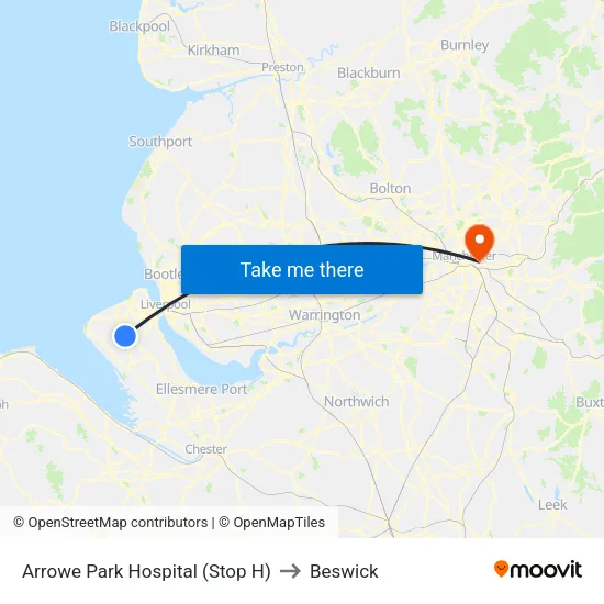 Arrowe Park Hospital to Beswick map