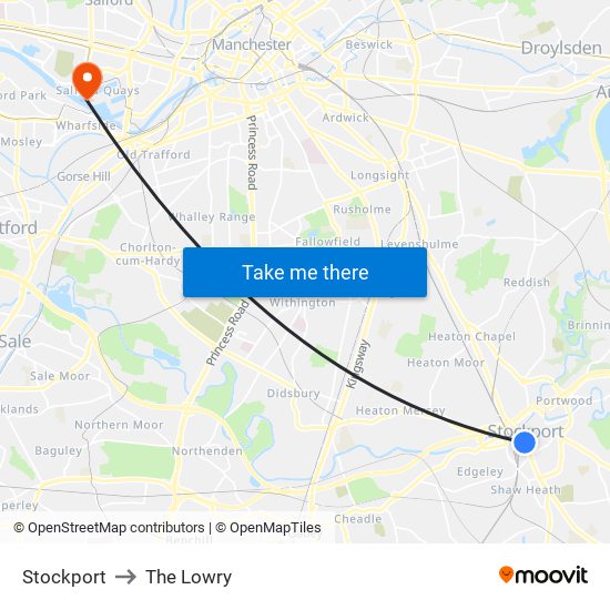 Stockport to The Lowry map