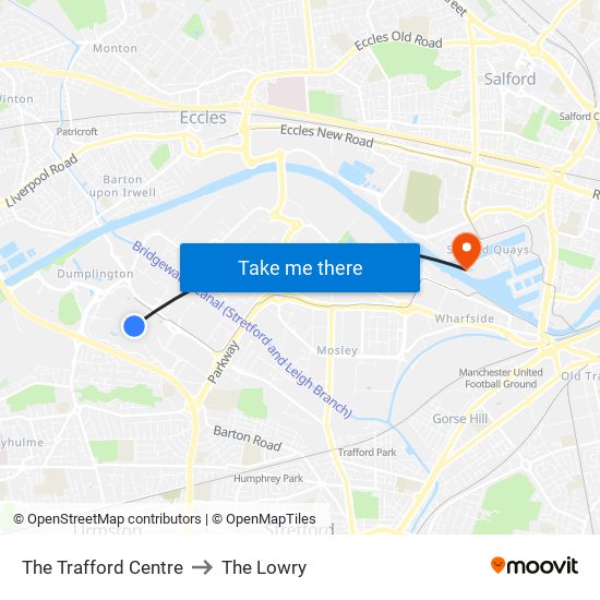 The Trafford Centre to The Lowry map