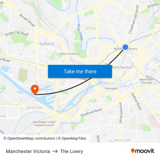 Manchester Victoria to The Lowry map