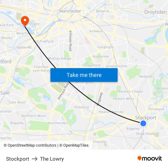 Stockport to The Lowry map