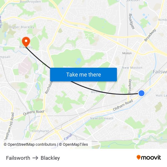 Failsworth to Blackley map