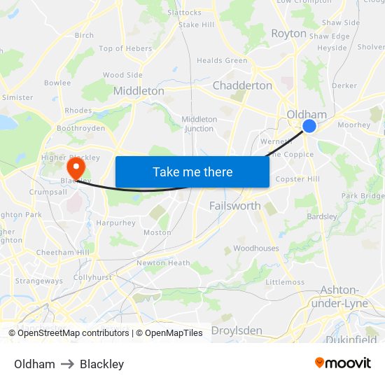 Oldham to Blackley map