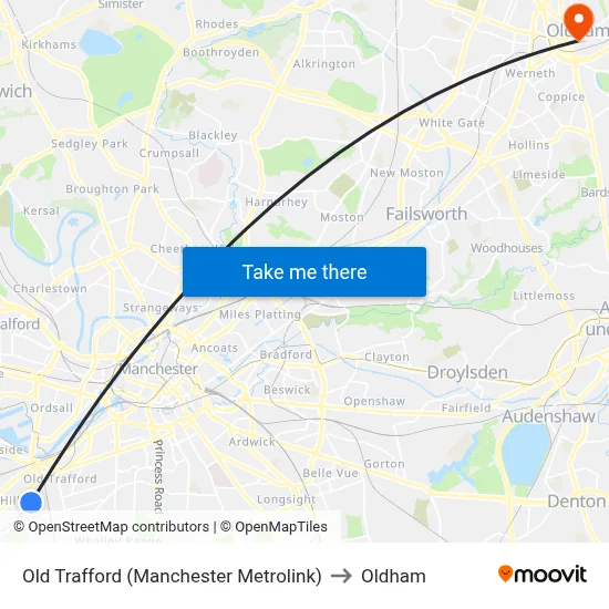 Old Trafford (Manchester Metrolink) to Oldham map